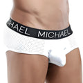 White perforated michael mlh012 briefs with black waistband featuring michael logo in white lettering