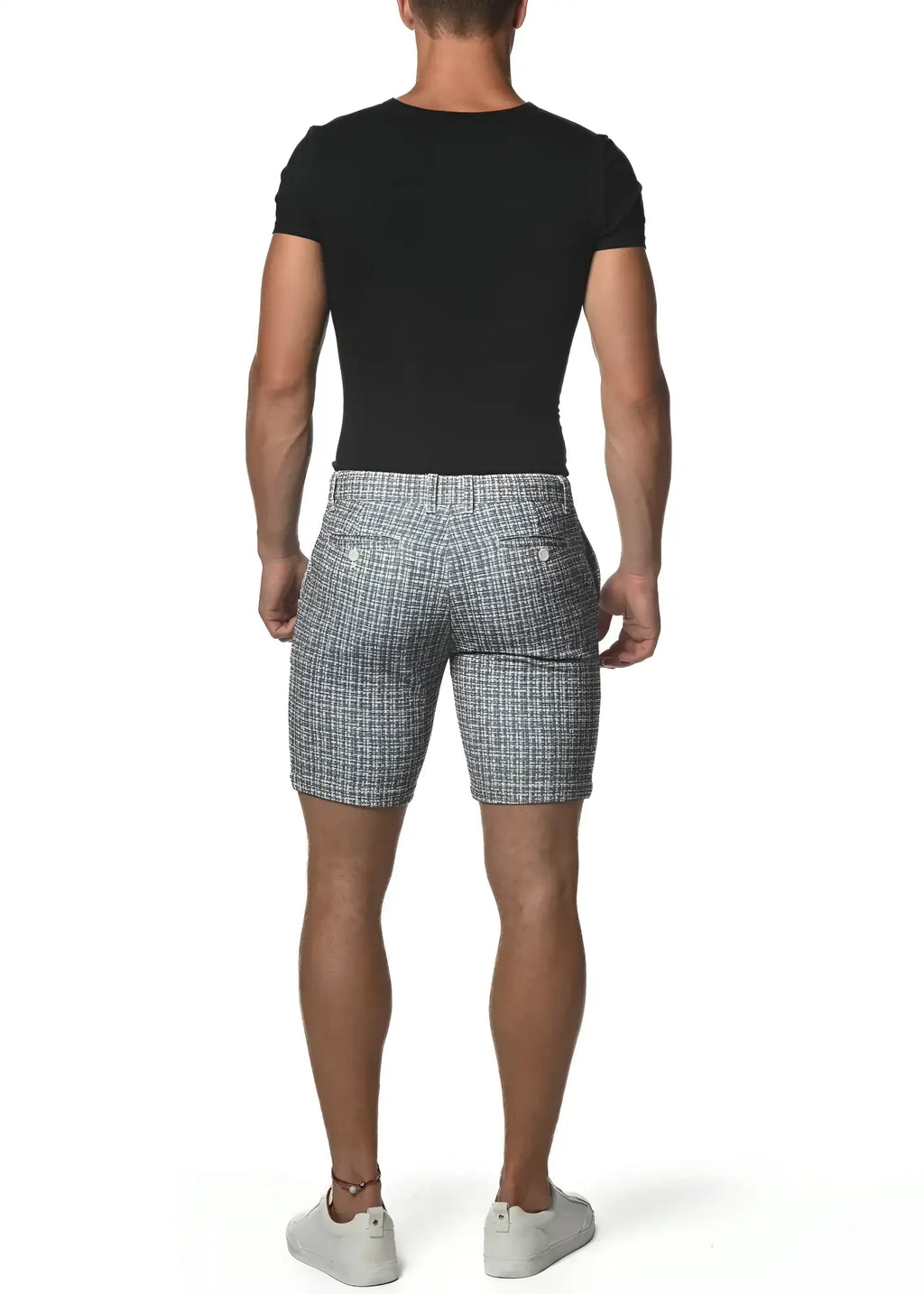 Gray and white checkered micro check stretch knit shorts with tailored fit for comfortable casual wear