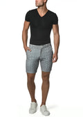 Micro check stretch knit short gray and white plaid tailored fit shorts made from stretch knit fabric for comfort
