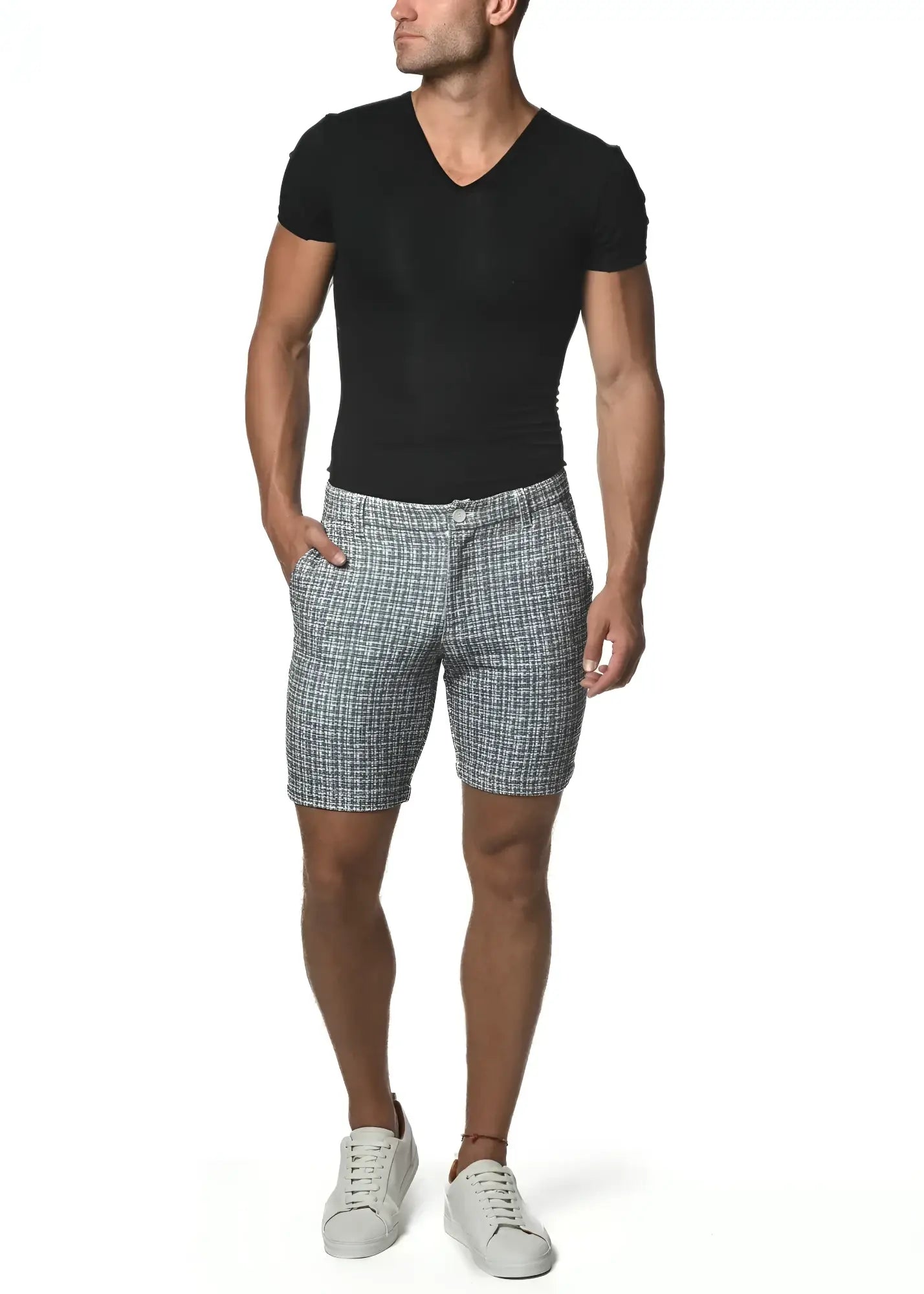 Micro check stretch knit short gray and white plaid tailored fit shorts made from stretch knit fabric for comfort