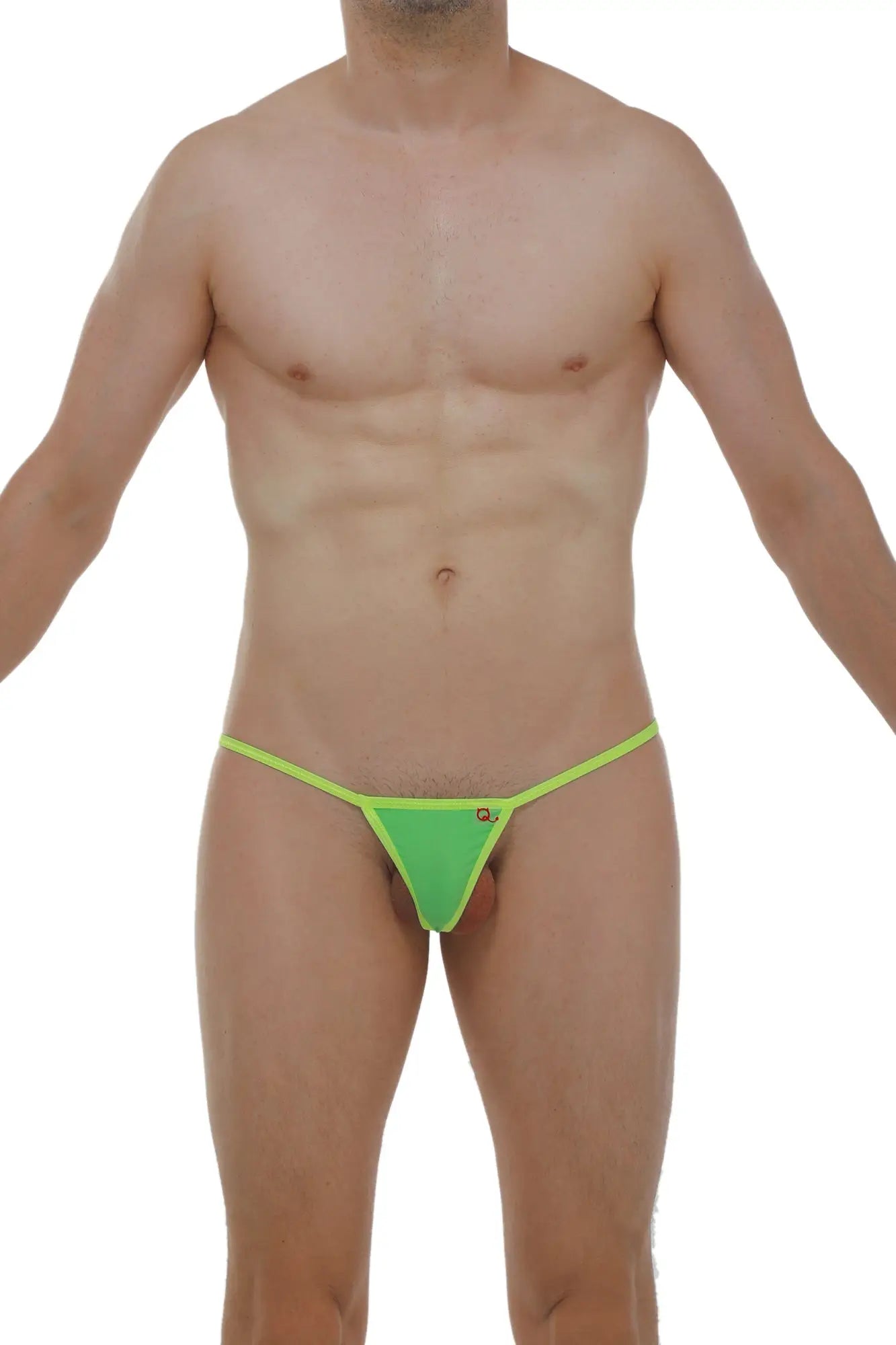 Bright green micro g-string thong with neon yellow trim showing the back side design