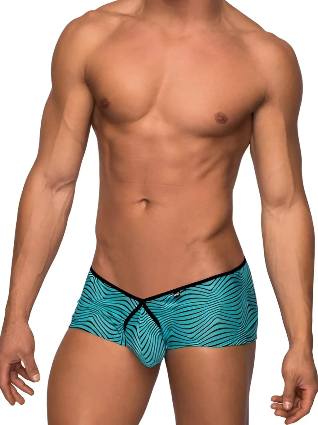 Men’s teal and black patterned micro shorts tranquil abyss briefs with a wavy design in sea blue black large