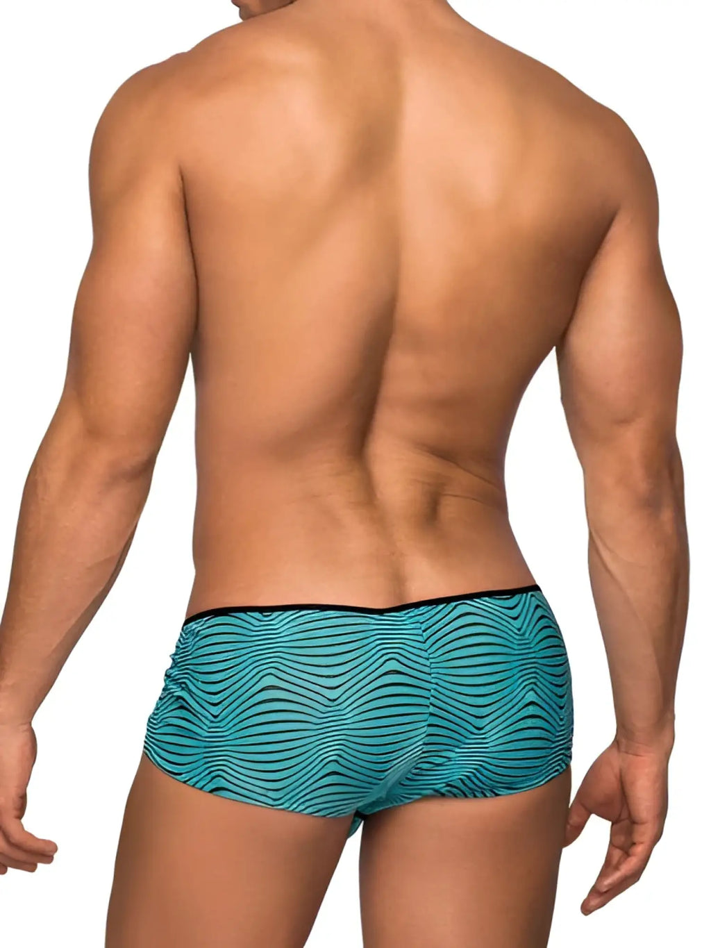 Micro shorts tranquil abyss sea blue swim trunks with teal and black wavy pattern in large size