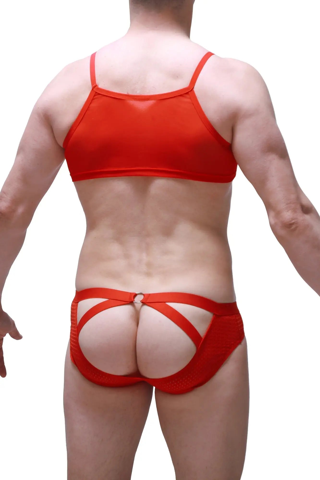 Red mesh briefs with crisscross back straps in micro tank net red showcasing breathable material and unique design