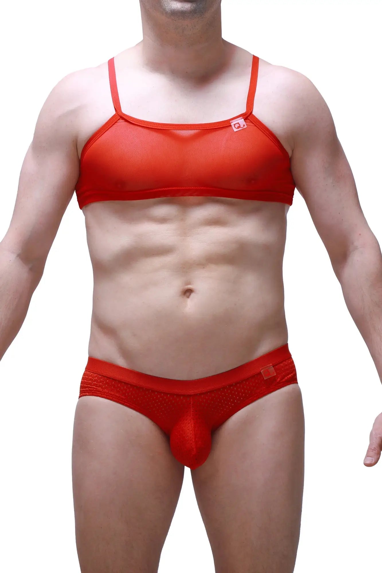 Red mesh and lace men’s underwear set featuring a solid red thong with integrated pouch in micro tank net design