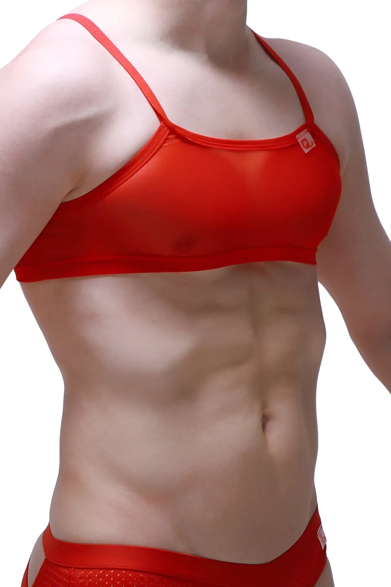Red mesh sports bra with thin straps and a small logo on the upper right in micro tank net red design