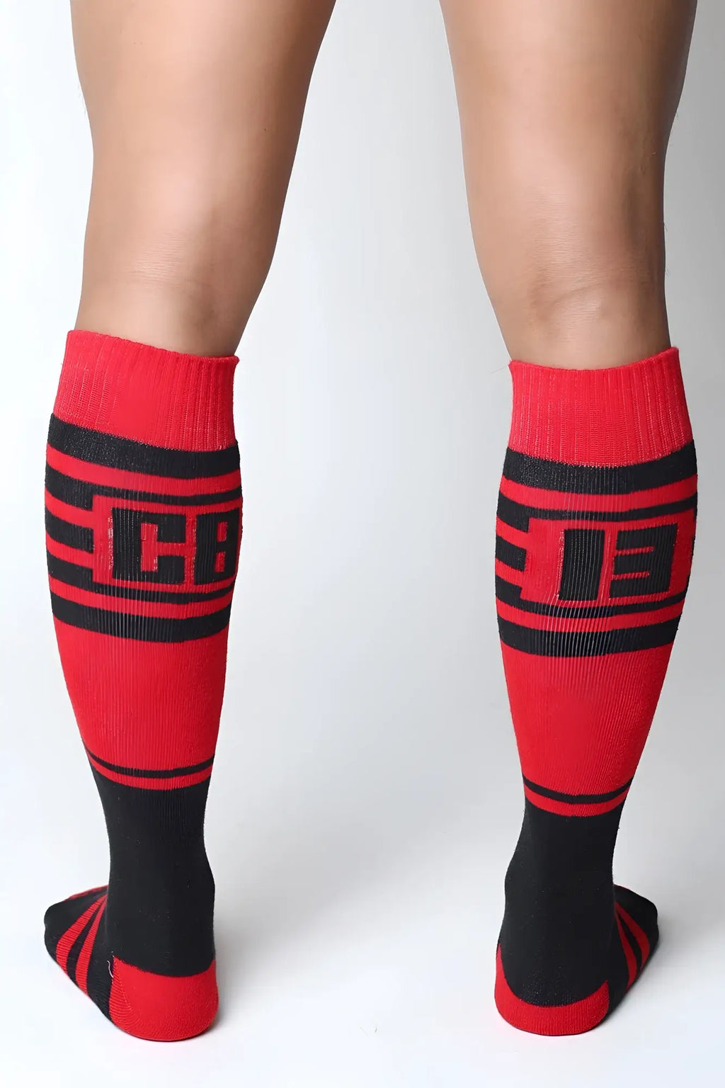 Red and black knee-high socks with bold horizontal stripes and a prominent cb logo on the calf from Midfield 7 colors
