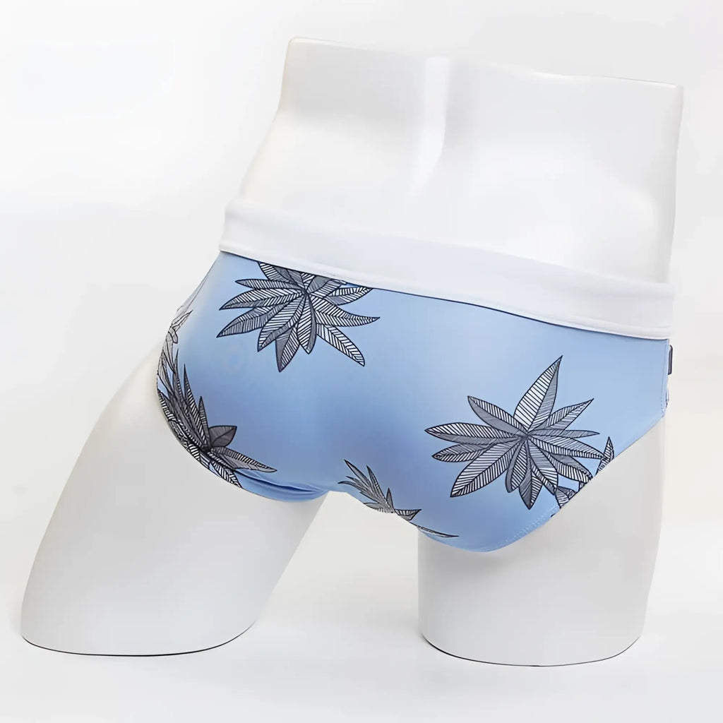 Light blue miiw floral beach bikini swimwear briefs with white waistband and black gray cannabis leaf patterns size s