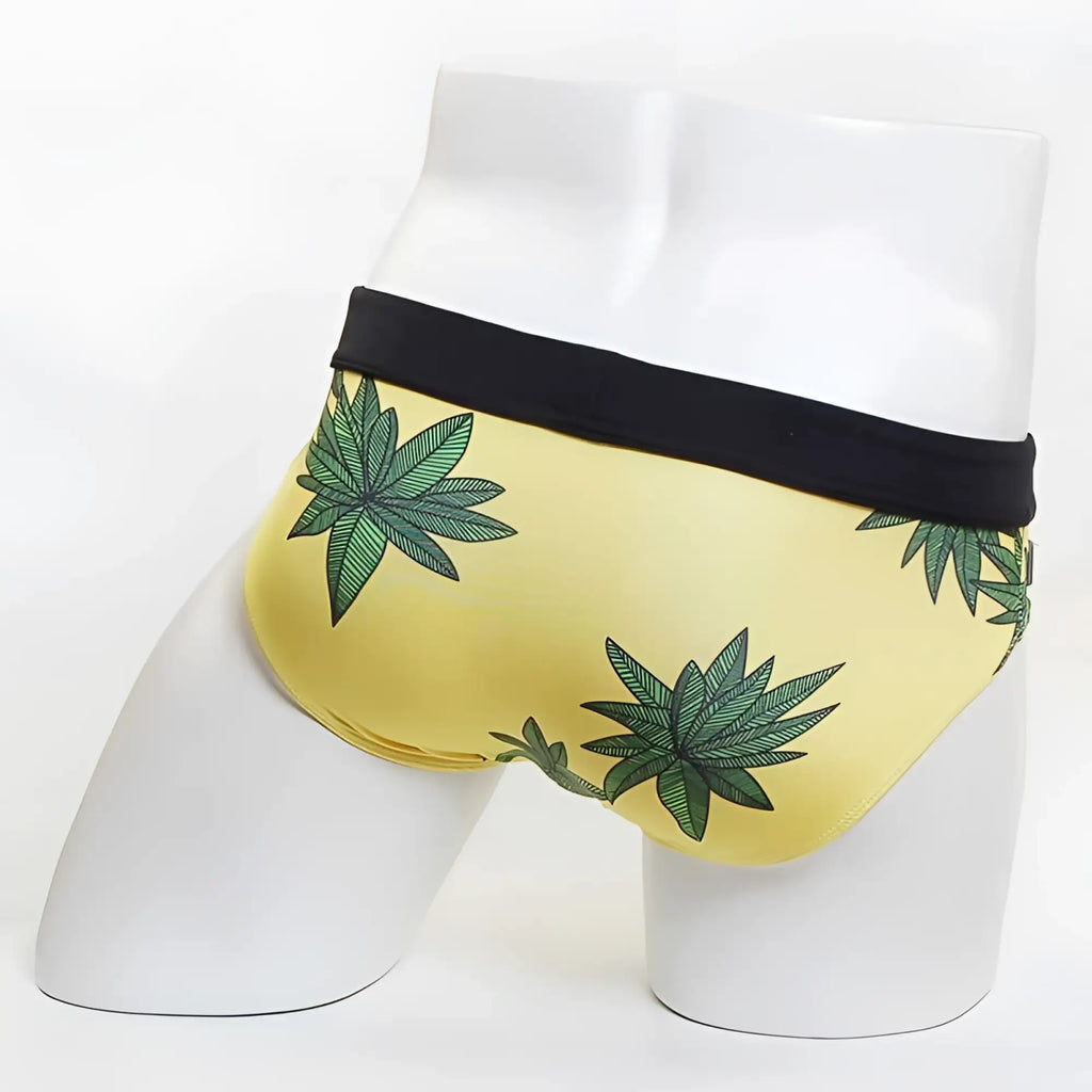 Yellow miiw floral beach bikini swimwear size s with green cannabis leaf print swim trunks and black waistband