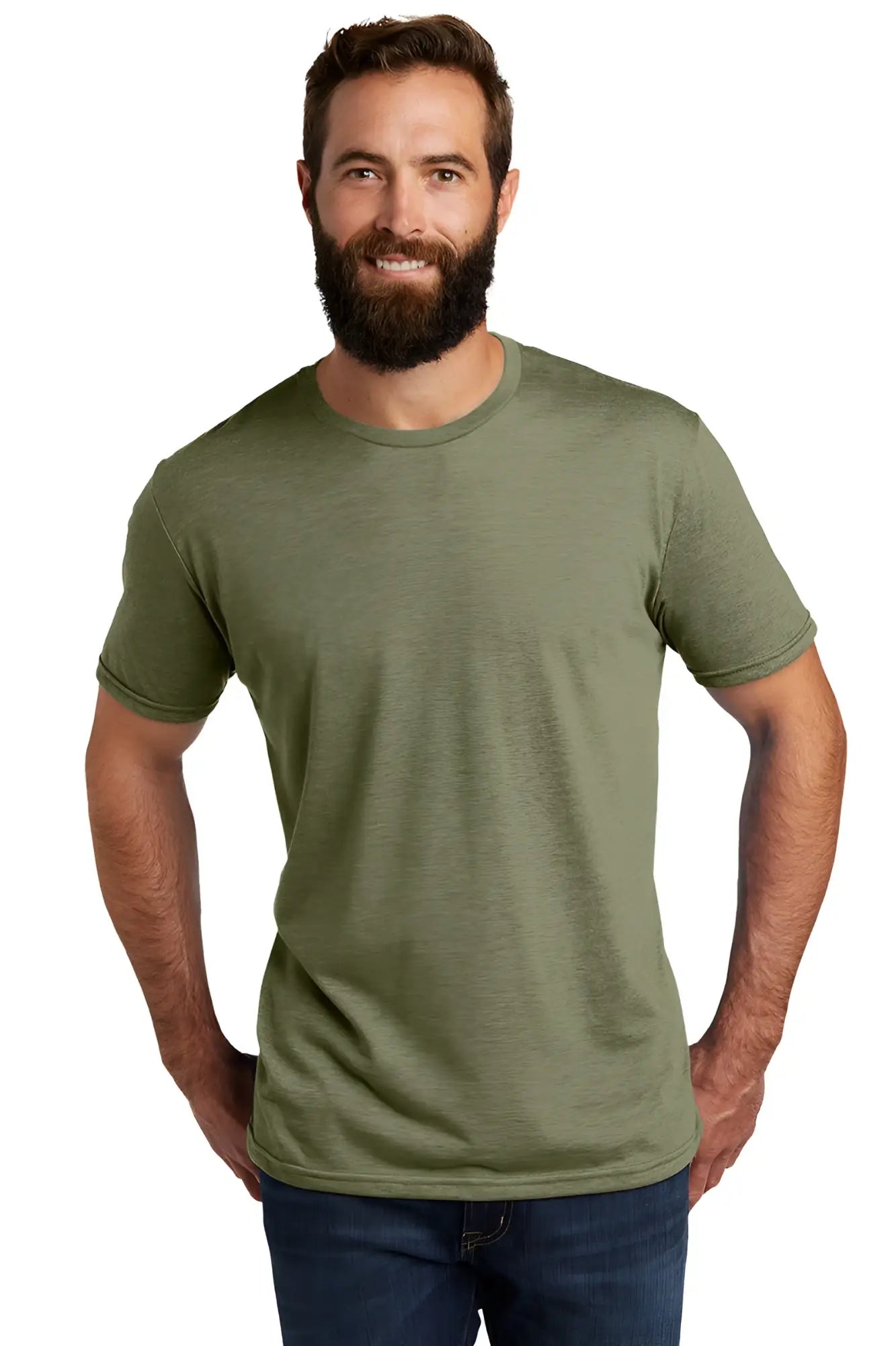 Olive green military green athletic tri-blend short-sleeved crew neck t-shirt with barefront design