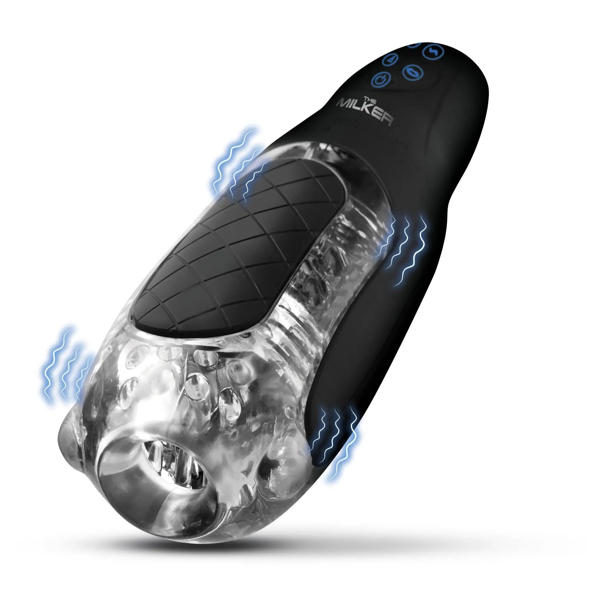 The Milker Pleasure Grip masturbator: a black handheld device with a clear, textured internal sleeve and blue glow.