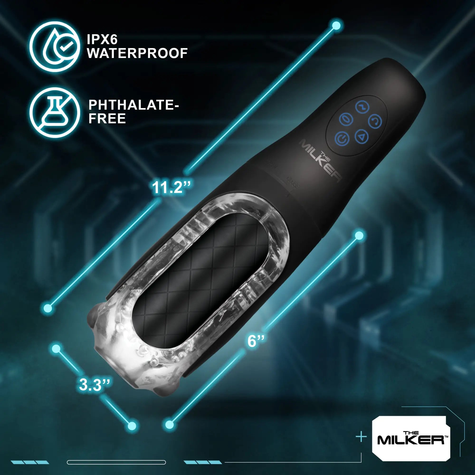 Black The Milker masturbator with clear textured sleeve, button controls, and dimension markers on a tech background.