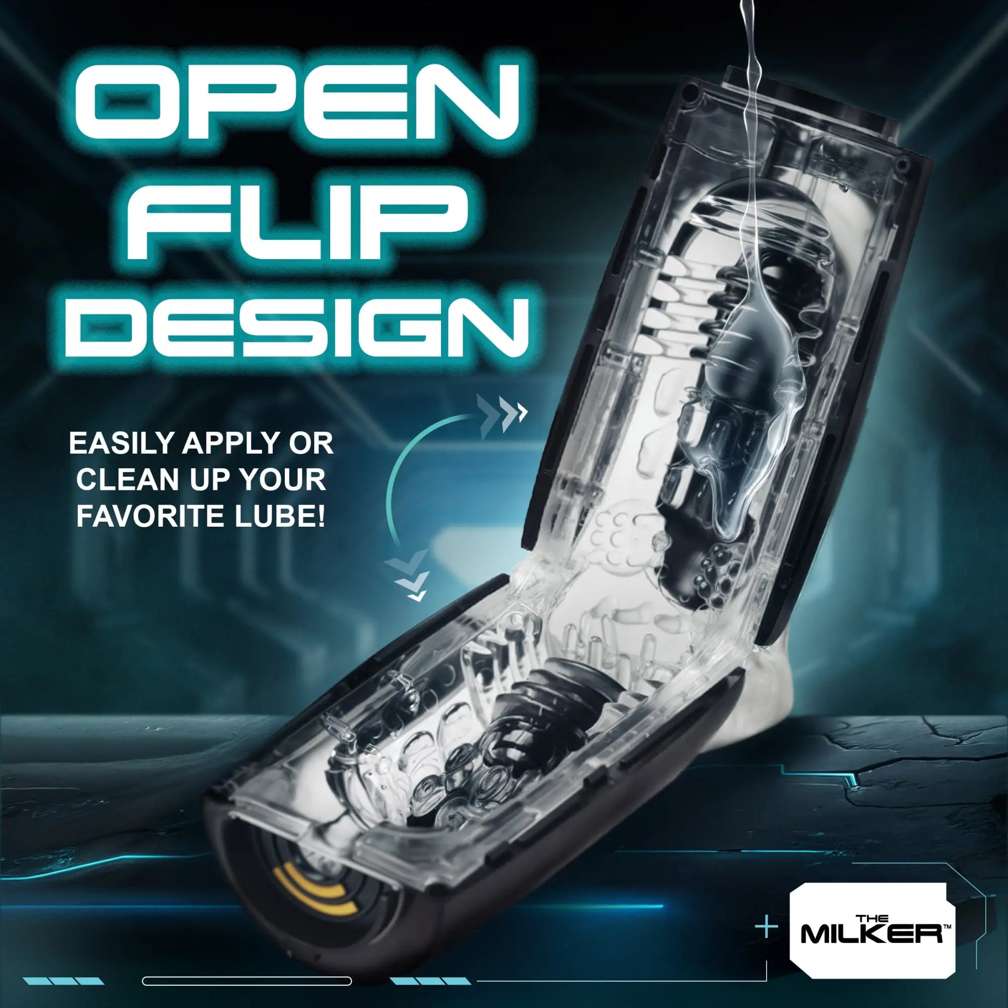 The Milker masturbator in an open, black-and-clear flip design, showing its textured internal sleeve and lube application.