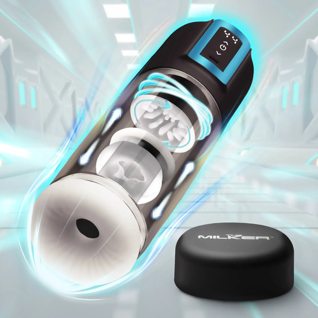 The Milker Roto-Stroke masturbator: a black and blue device with a transparent sleeve revealing internal textures.