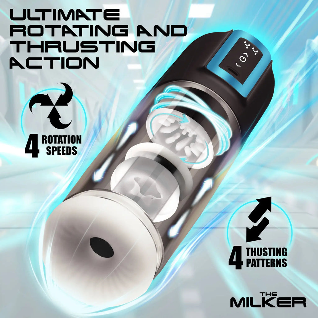 The Milker masturbator: a black and blue device with a textured internal sleeve, highlighting rotation and thrusting.
