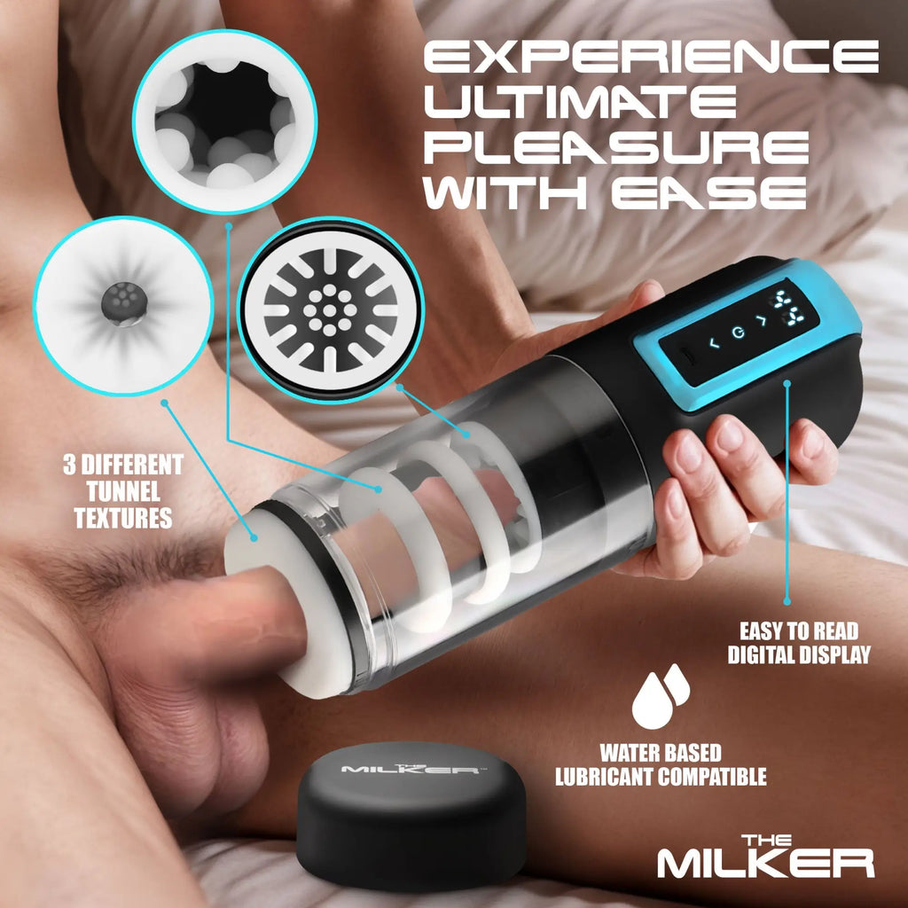 The Milker masturbator: a black and blue device with a digital display, shown with three internal texture inserts.