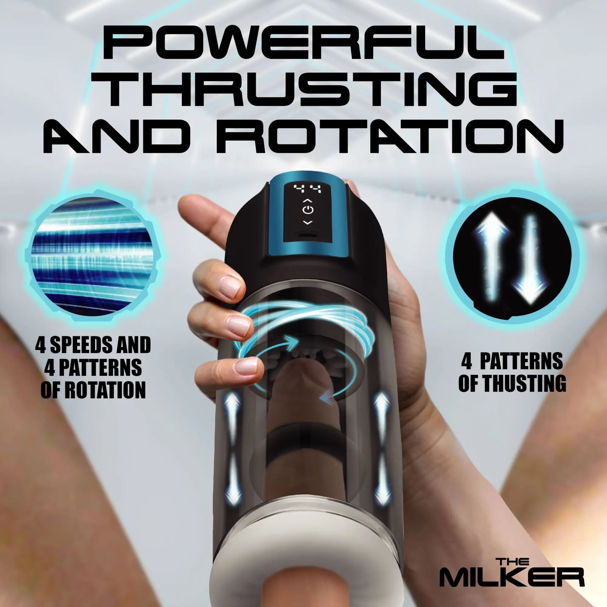The Milker Roto-Stroke masturbator in black and blue, held in hand, showing rotation and thrusting modes.