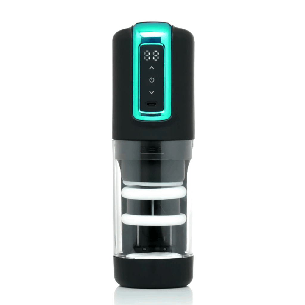 The Milker Roto-Stroke masturbator in black, featuring a teal metallic digital display and a clear chamber with white rings.