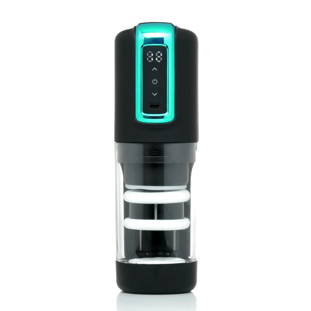 The Milker Roto-Stroke masturbator in black, featuring a teal metallic digital display and a clear chamber with white rings.