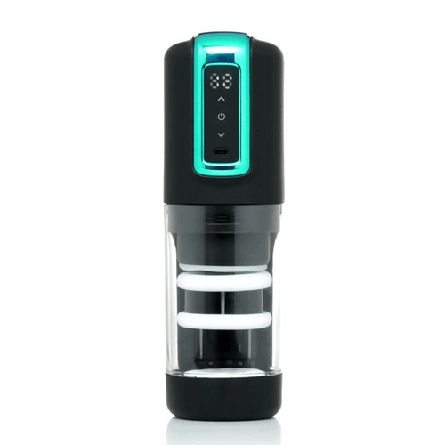 The Milker Roto-Stroke masturbator in black, featuring a teal metallic digital display and a clear chamber with white rings.