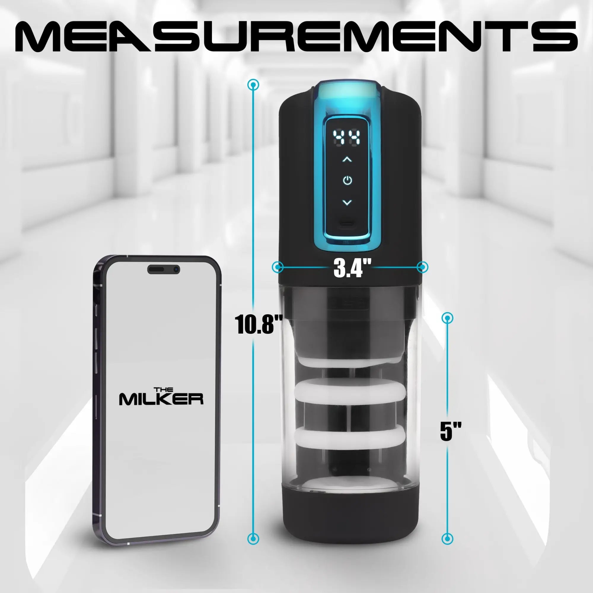 The Milker Roto-Stroke masturbator in black and blue with a digital display, shown with dimensions next to a smartphone.