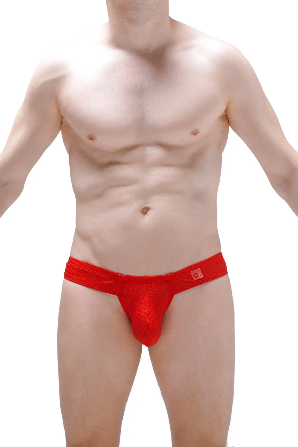 Mini boxer cheek bee red red lace jockstrap with subtle textured pattern and small red logo on waistband