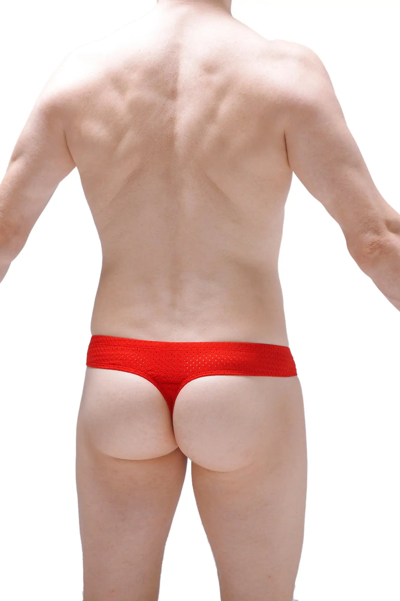 Mini boxer cheek bee red red mesh thong with solid red waistband showing front side design