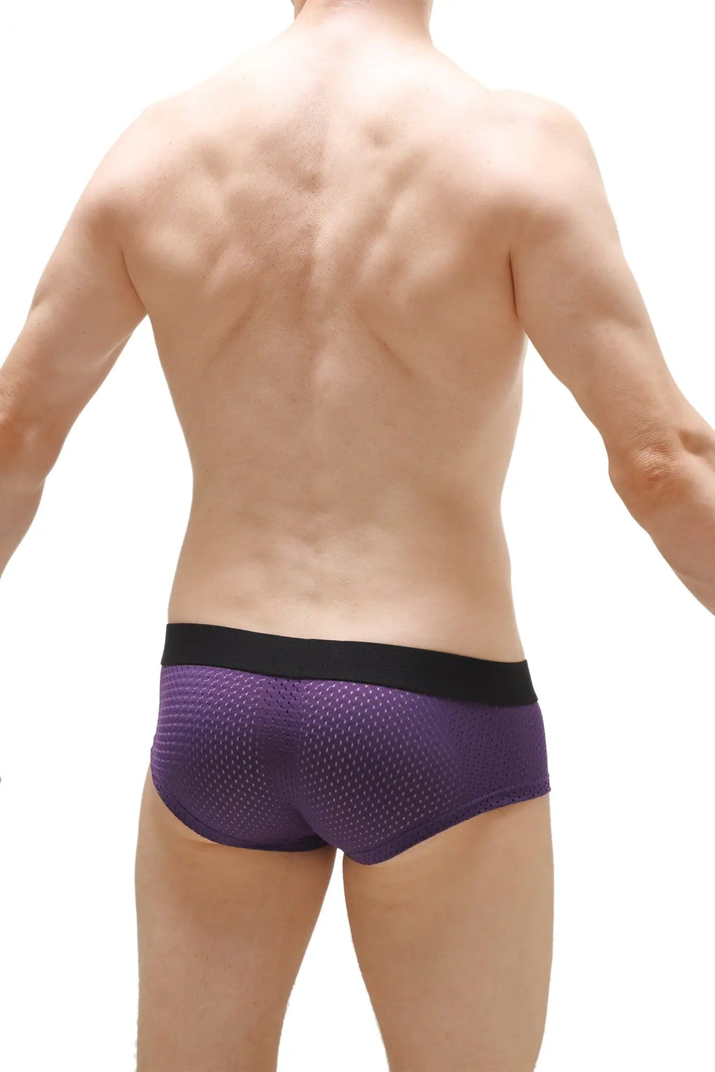 Purple mesh mini boxer briefs with double pouch and black elastic waistband bee purple design visible from front side