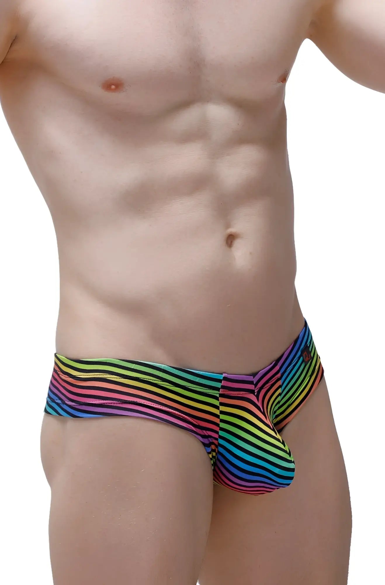 Mini boxer monti rainbow-striped men’s swim trunks with bold colorful pattern perfect for beach and poolwear