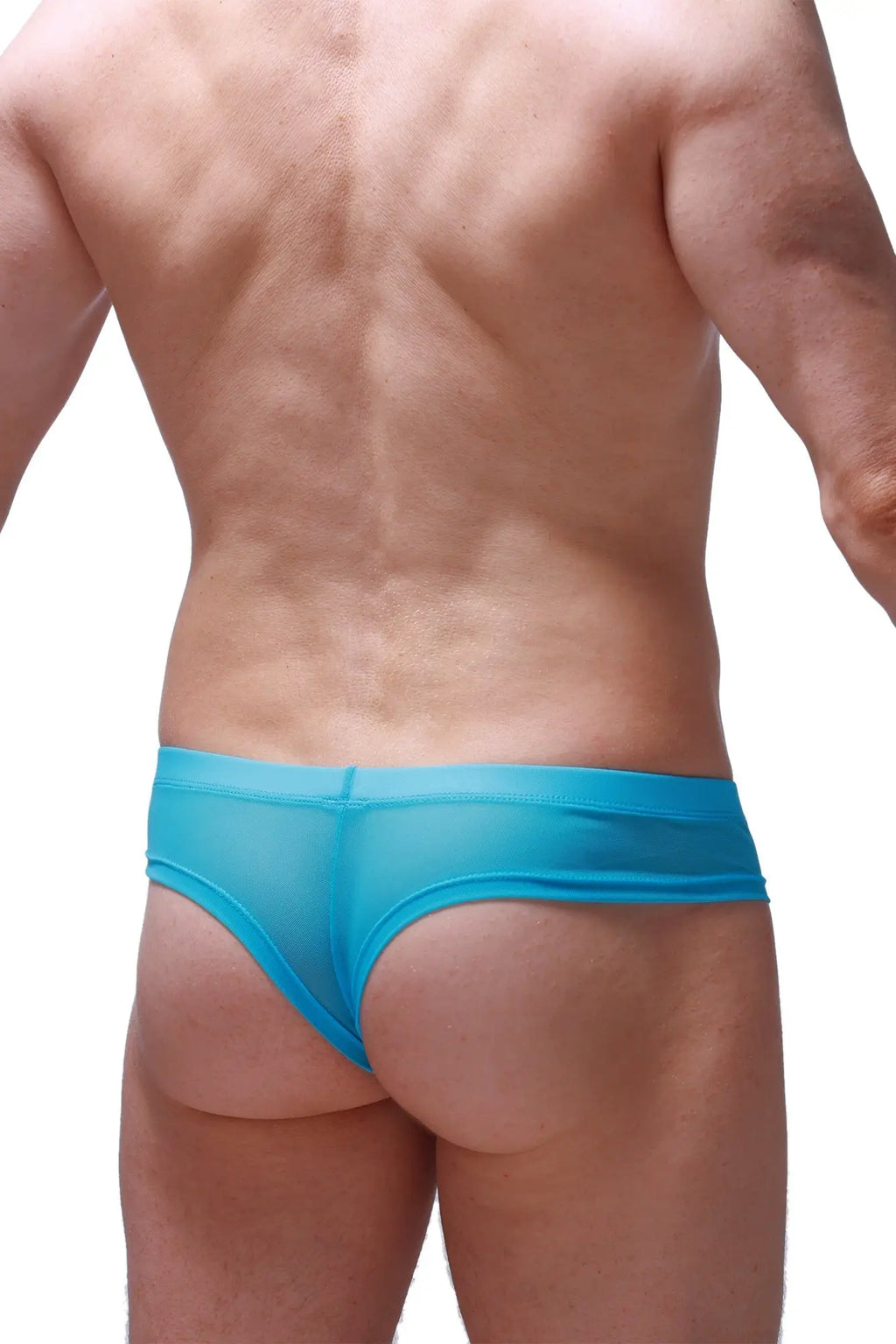 Bright blue mini boxer sheer mesh briefs made of breathable net fabric for comfortable everyday wear