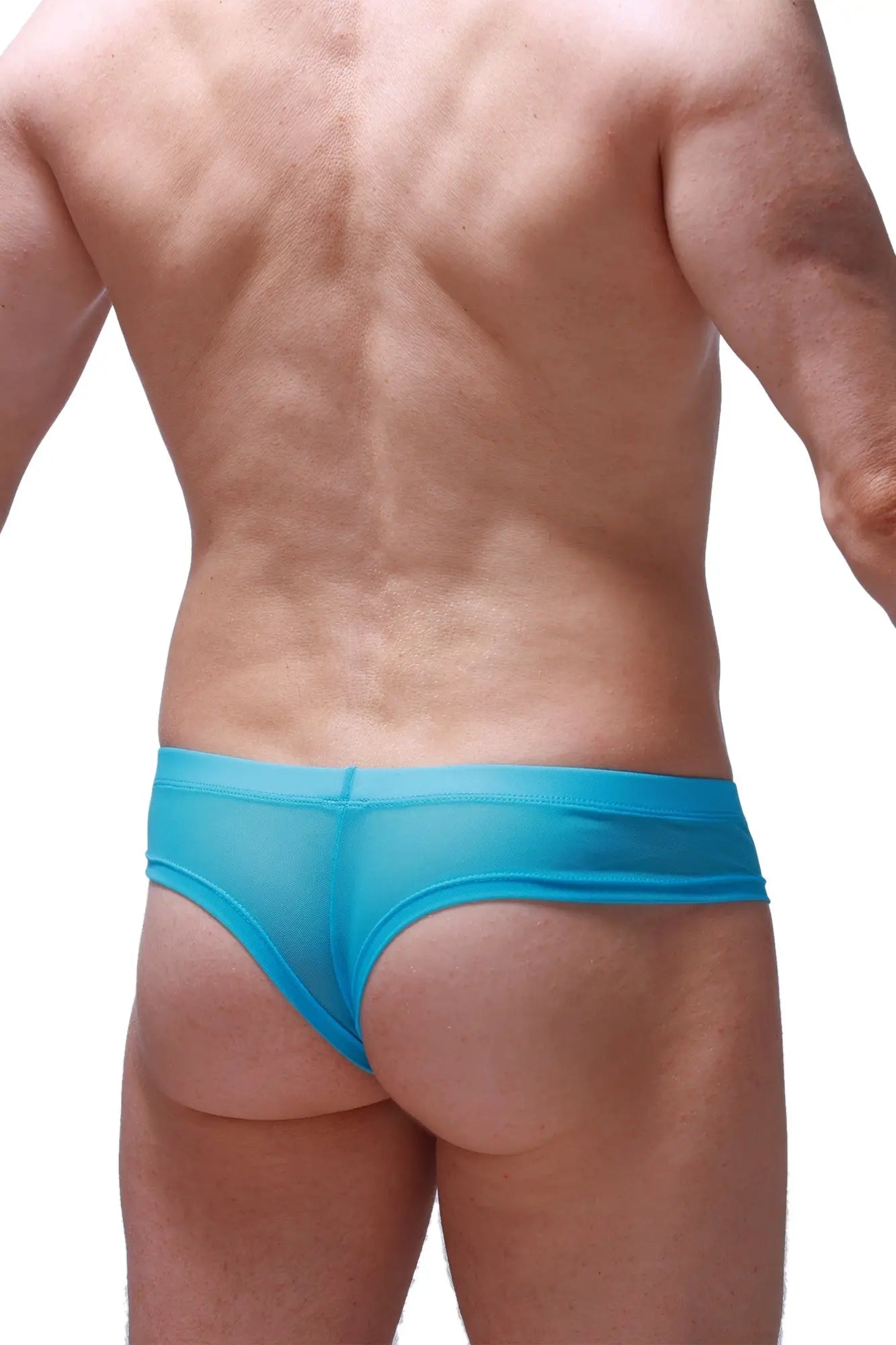 Bright blue mini boxer sheer mesh briefs made of breathable net fabric for comfortable everyday wear
