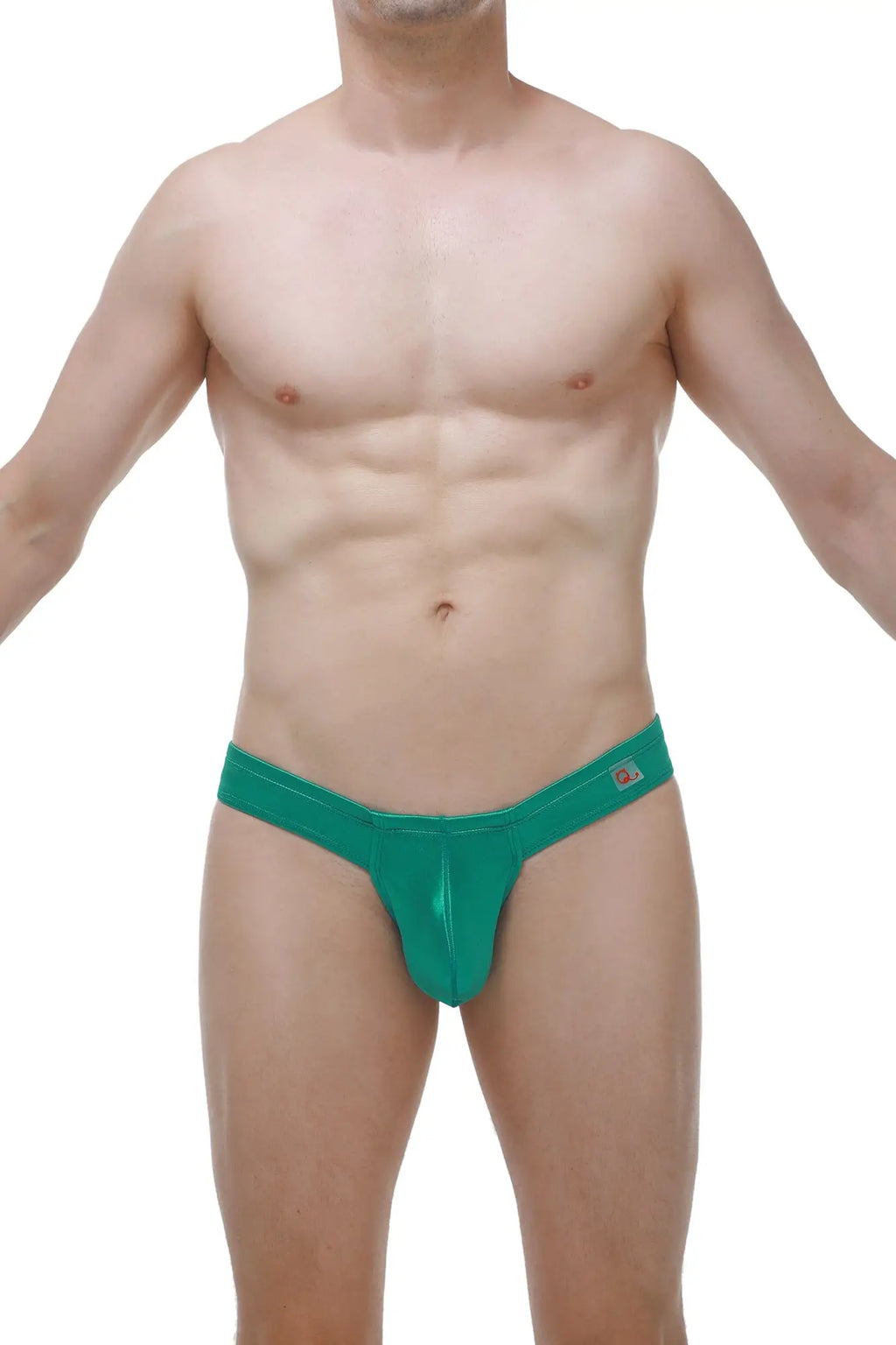 Mini boxer satin green emerald green shiny satin fabric briefs with a snug fit and small logo on waistband