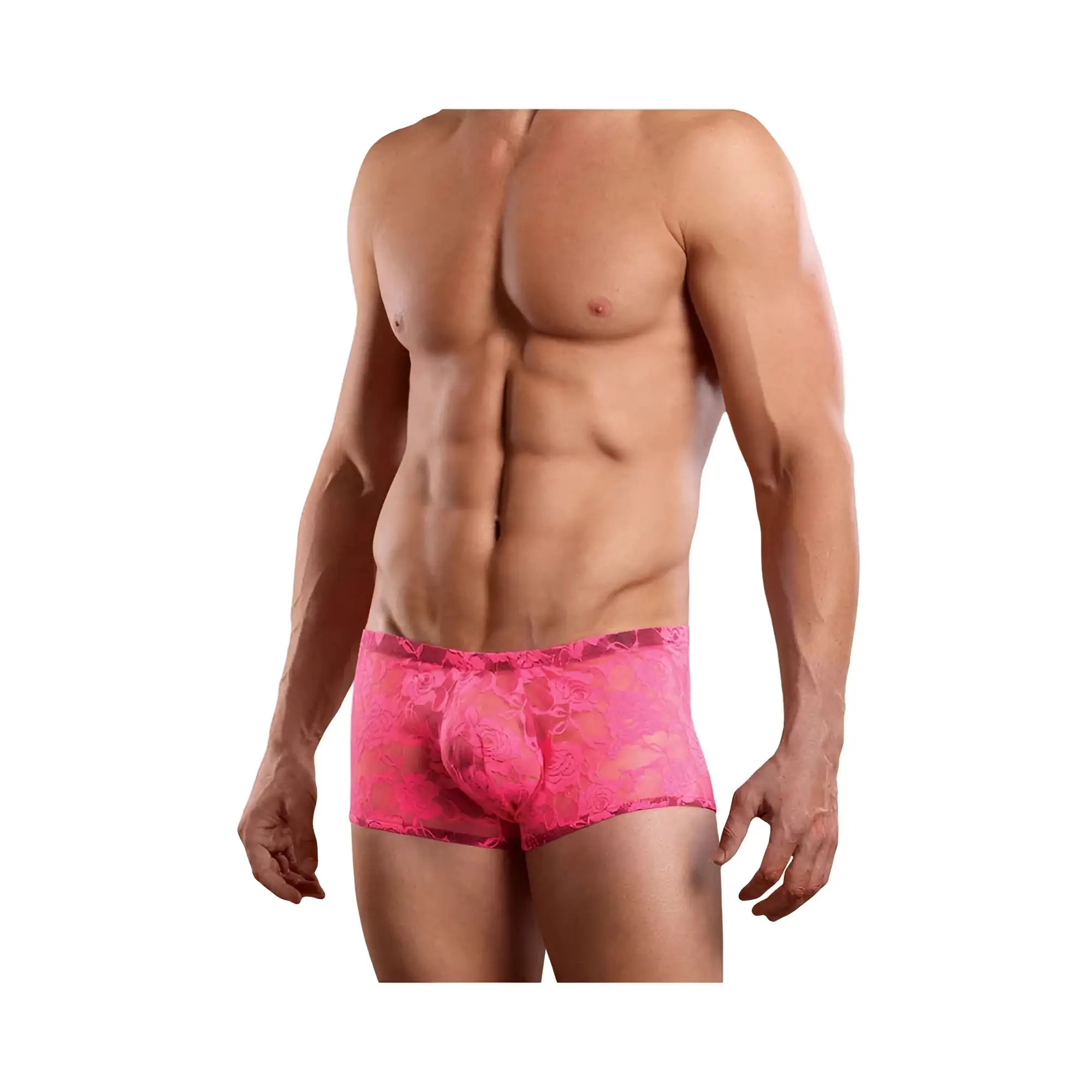 Bright pink lace boxer briefs with floral pattern mini short neon lace hot pink large product front view