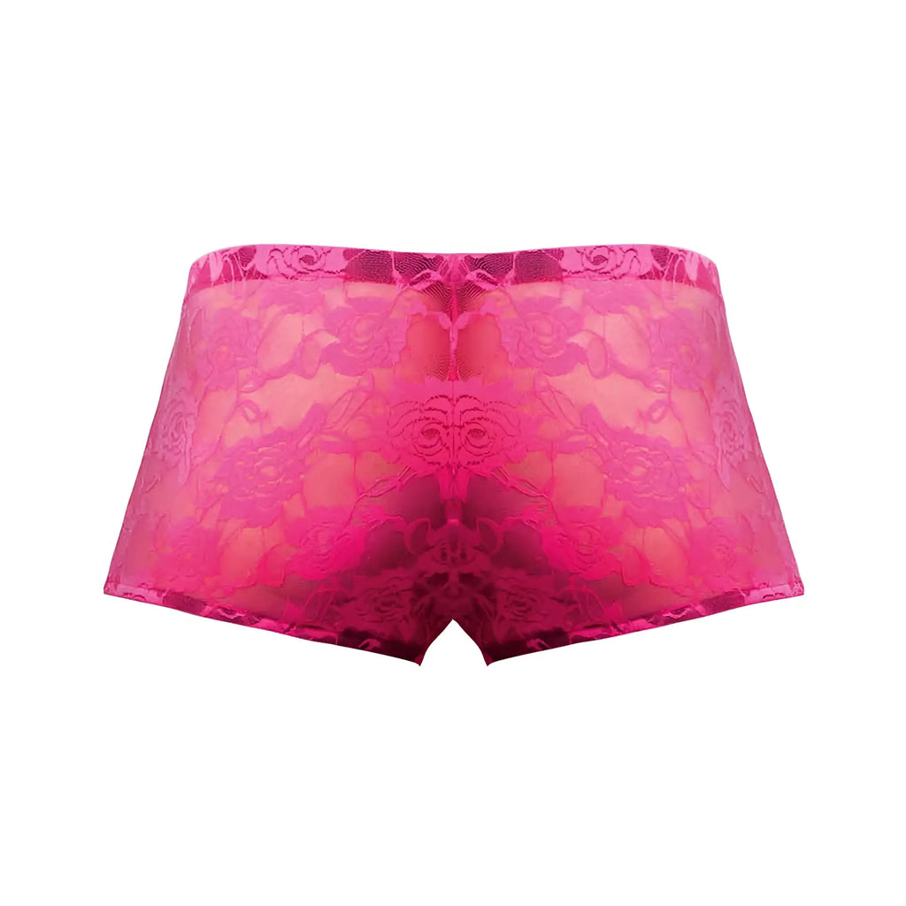 Mini short neon lace hot pink large underwear featuring fuchsia floral lace pattern in front view