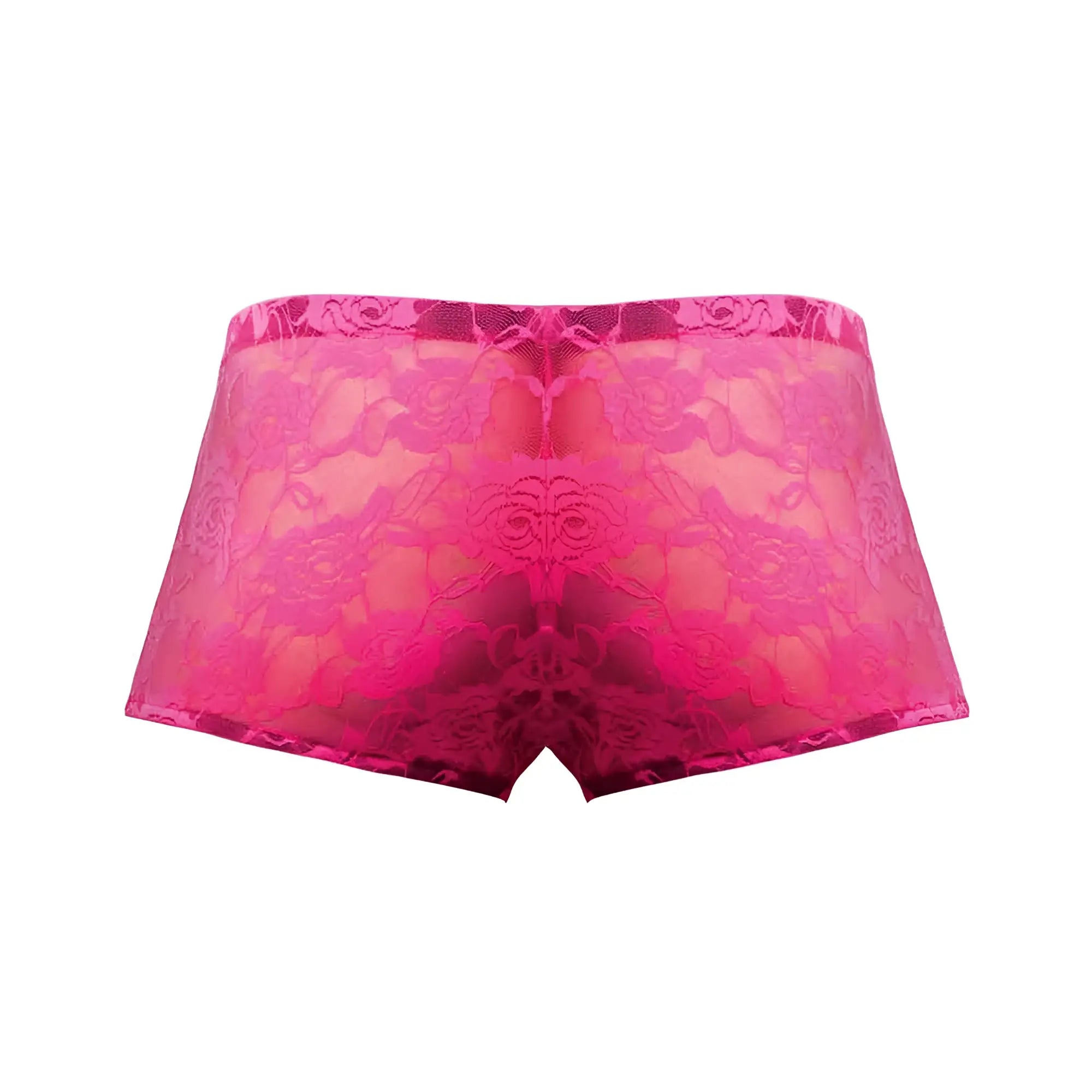 Mini short neon lace hot pink medium featuring fuchsia lace underwear with a floral pattern close-up view