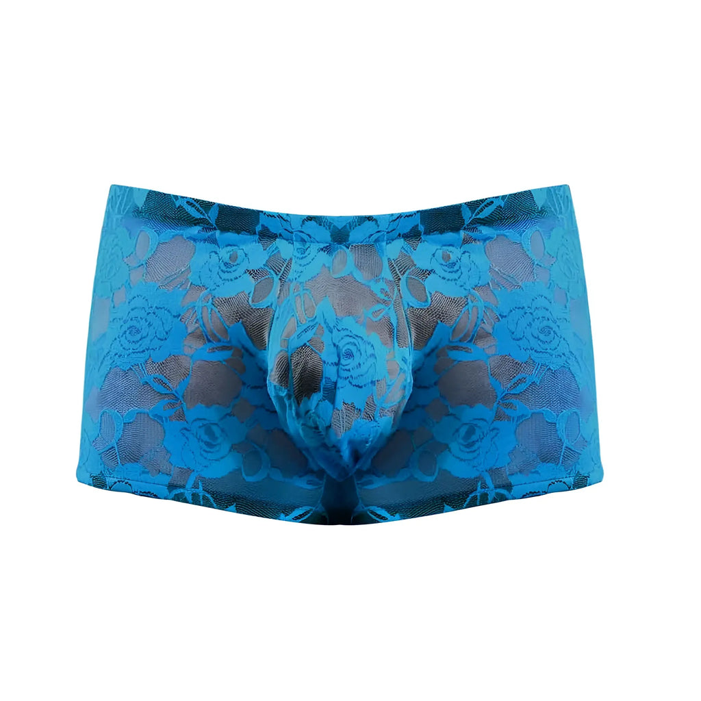 Mini shorts neon lace turquoise blue small featuring blue lace briefs with a floral pattern front view