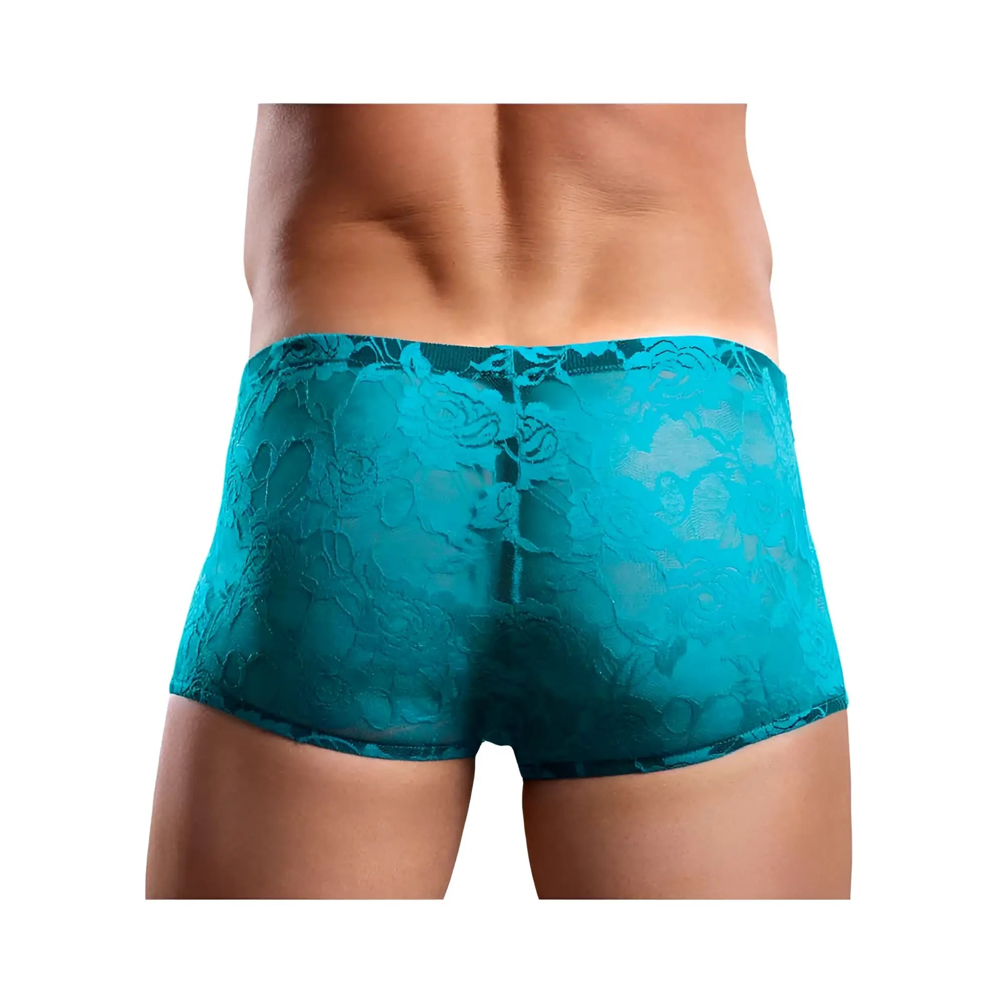 Teal lace mini shorts with floral pattern in turquoise blue made of neon lace in small size for feminine wear