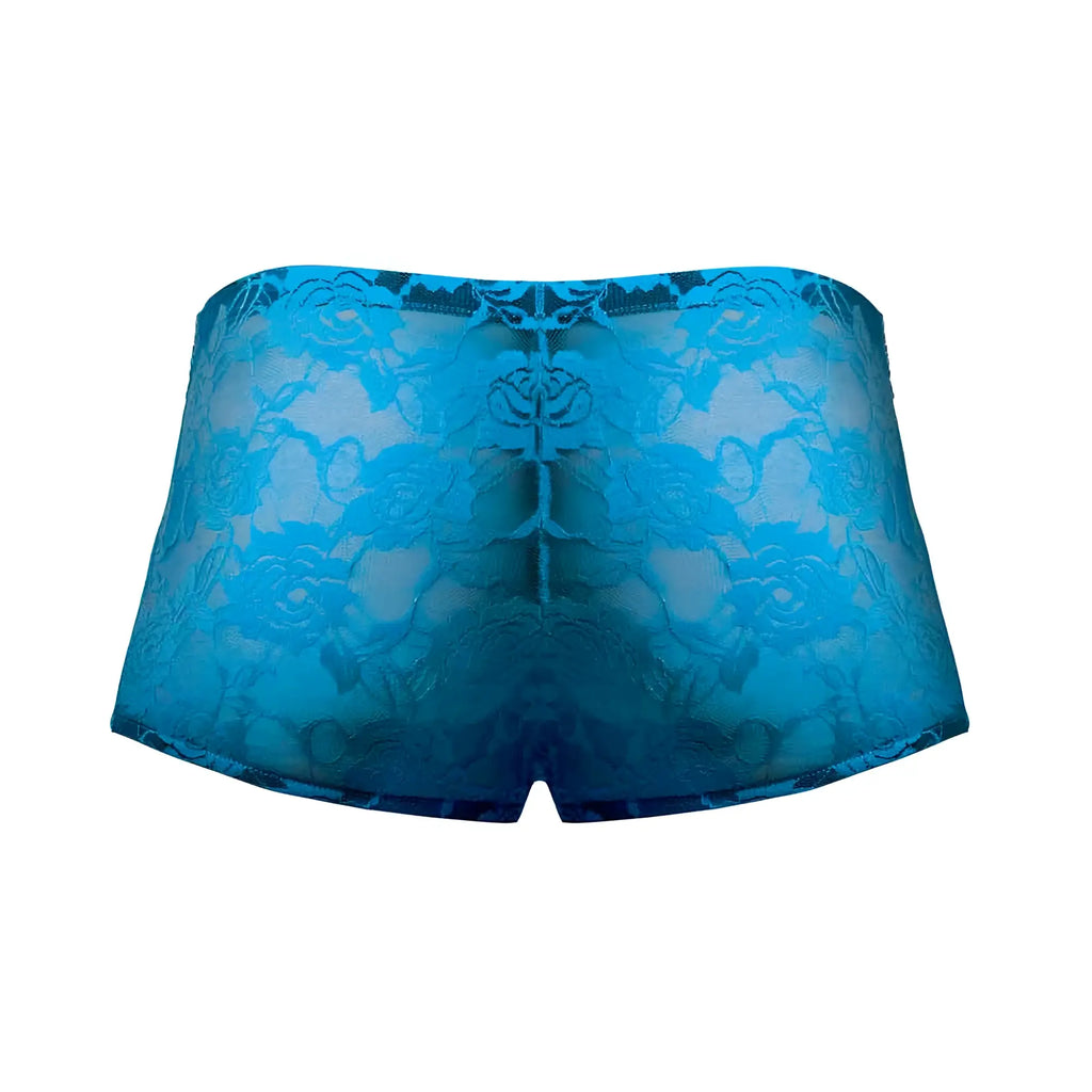 Mini shorts neon lace turquoise blue small featuring blue lace underwear with a floral pattern front view