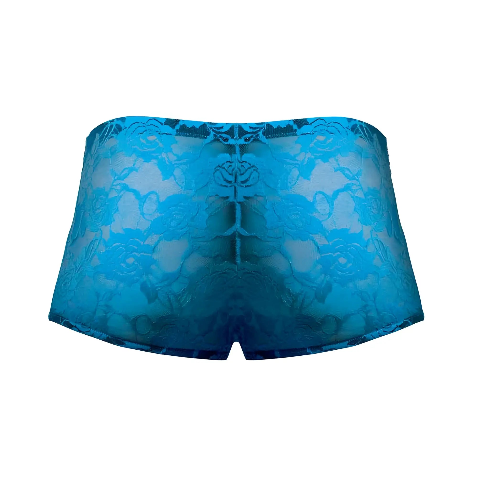 Mini shorts neon lace turquoise blue small featuring blue lace underwear with a floral pattern front view