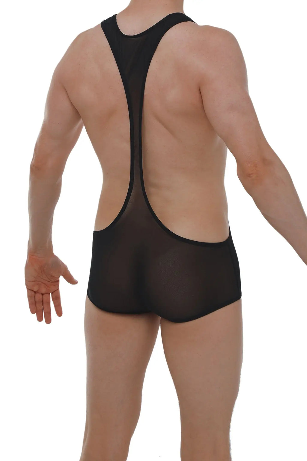 Back view of mini singlet net black mesh wrestling singlet with racerback design and lower back cutout