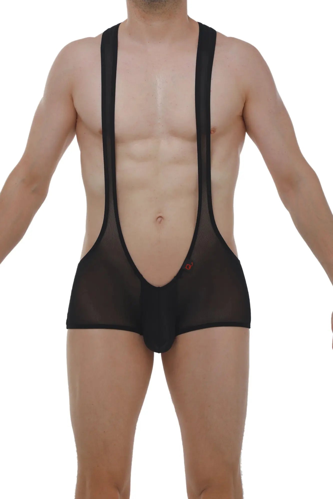 Mini singlet net black sheer mesh suspenders with low-cut front and solid black trim for stylish layering