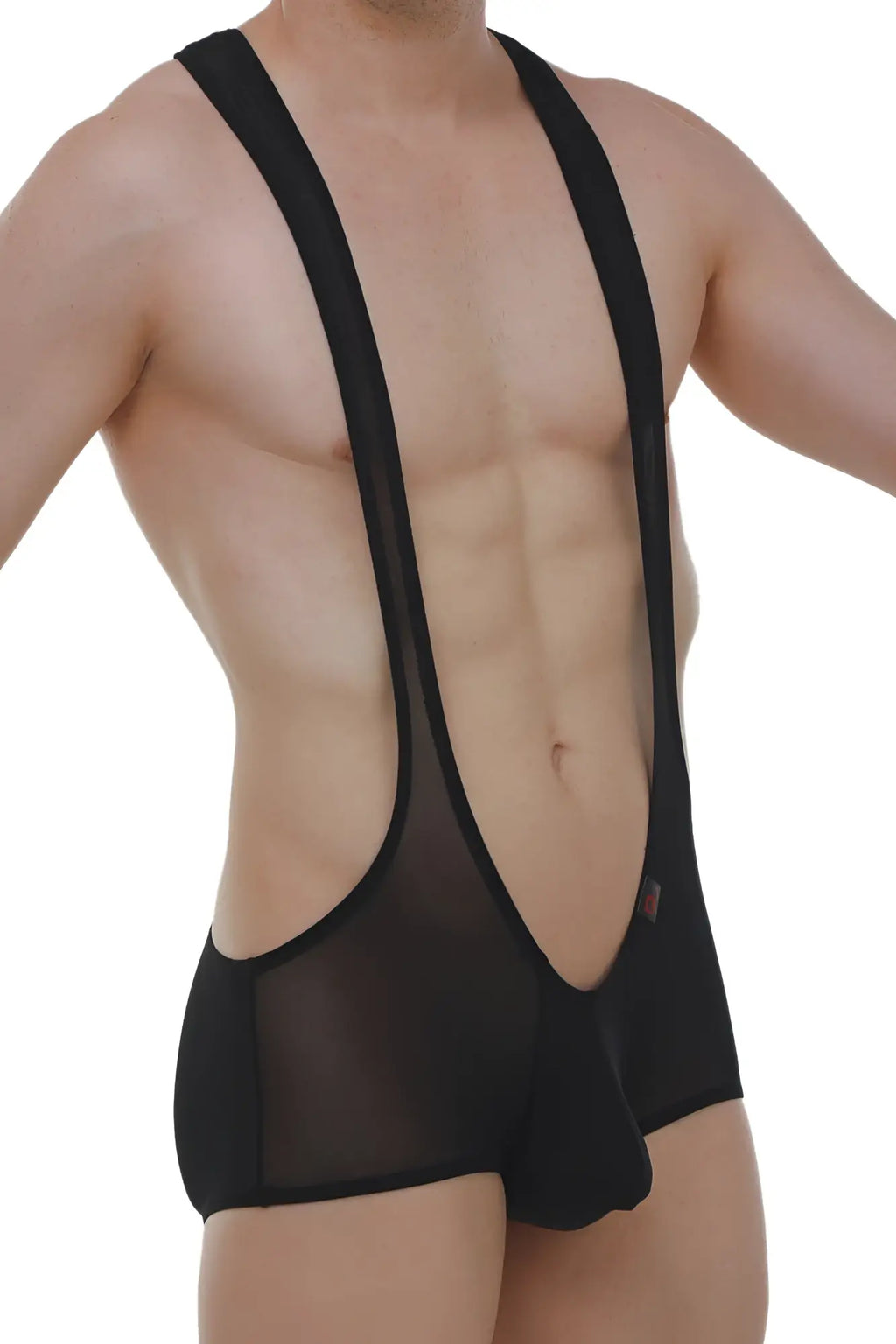 Mini singlet net black sheer mesh suspenders with solid black waistband and leg openings