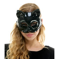 Black sequined mirror cat mask with sparkling pixelated design for costume and party wear