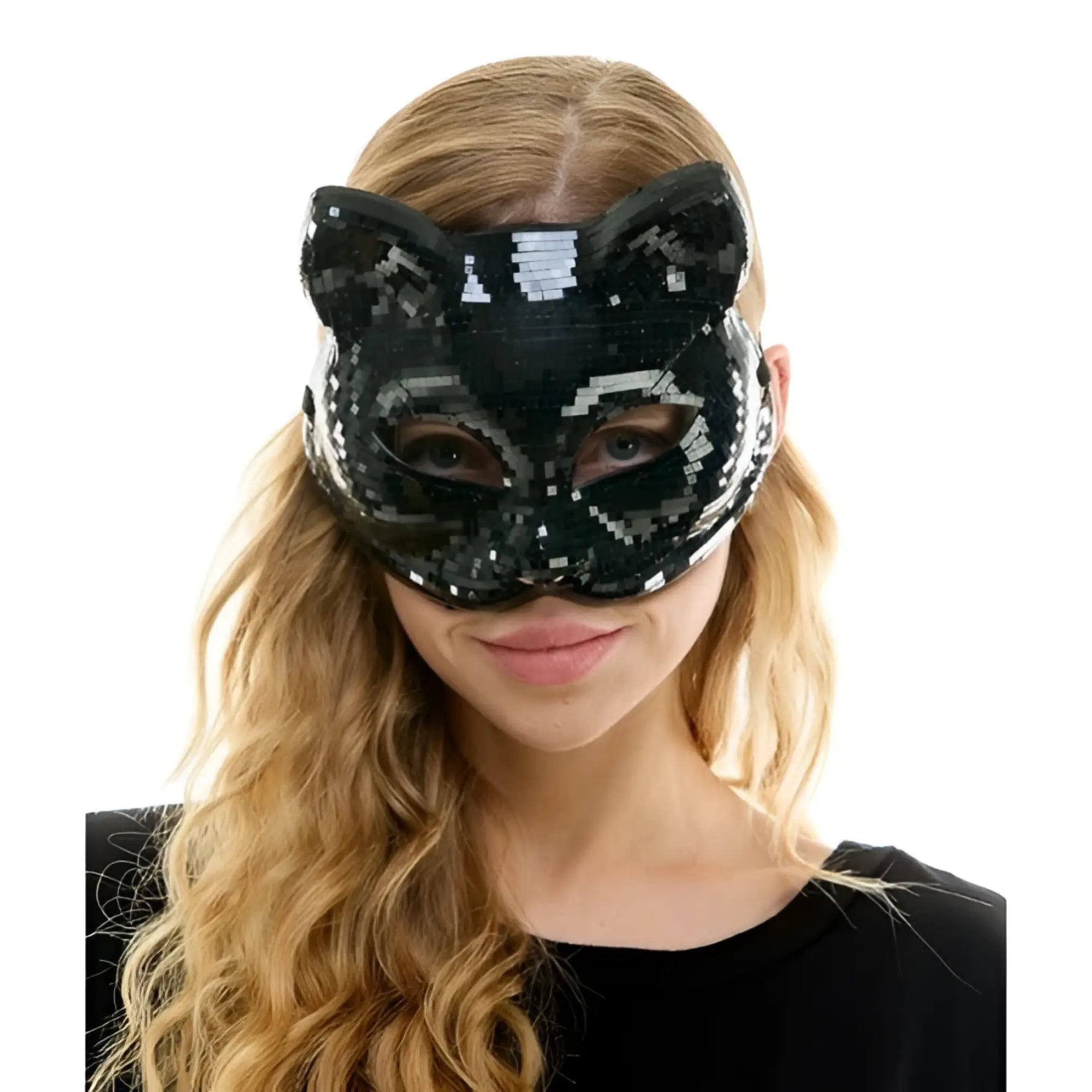 Black sequined mirror cat mask with sparkling pixelated design for costume and party wear