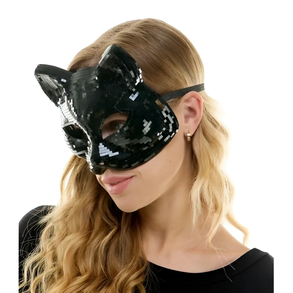 Black sequined cat mask with pointed ears and a sleek glittering design for elegant costume wear