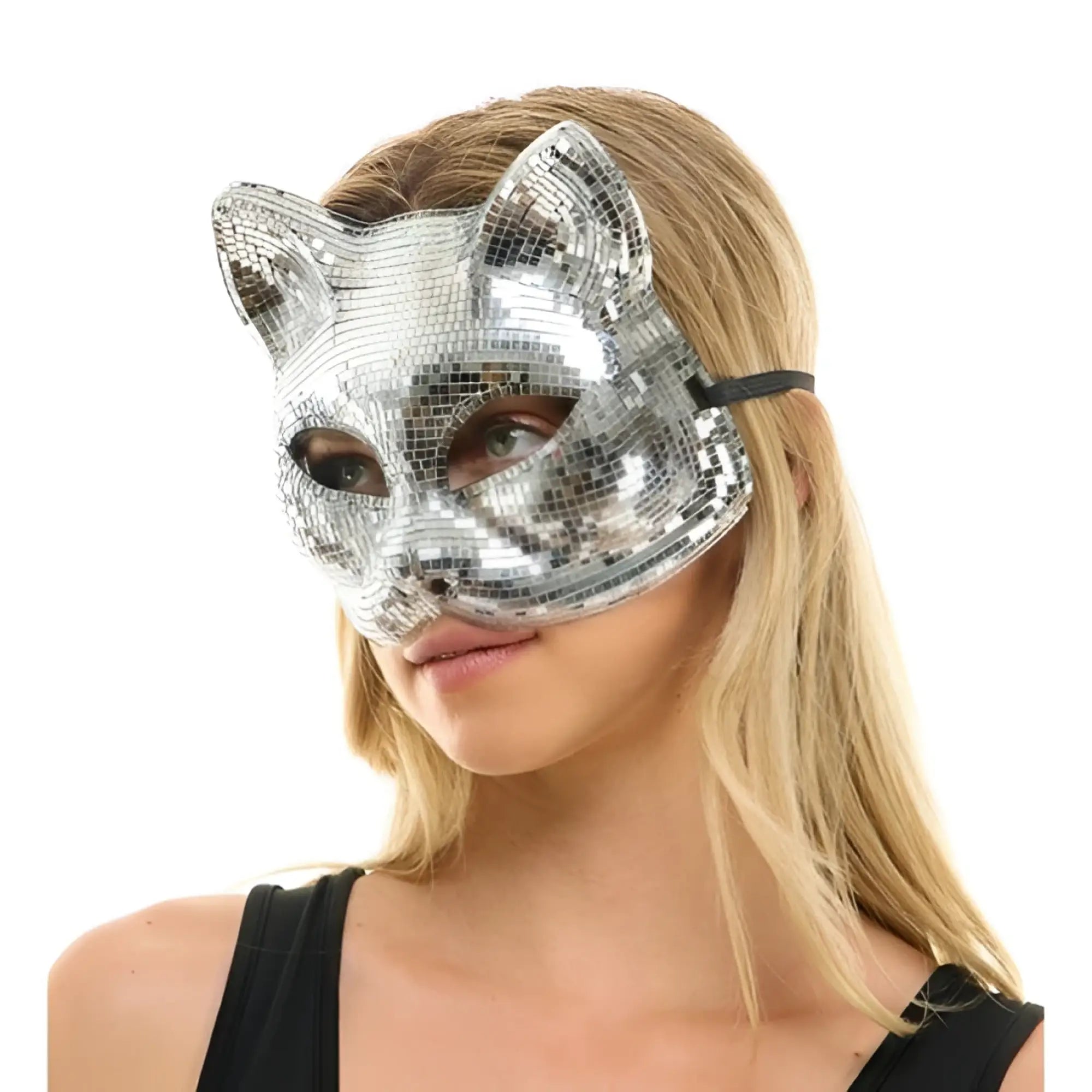 Silver disco mirror cat mask with pointed ears and black adjustable strap for costume or party use
