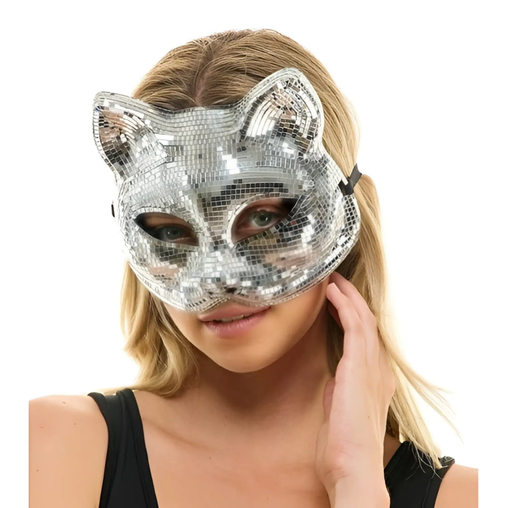 Silver mirror cat mask with reflective mosaic tiles and pointed ears for disco or costume use