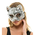 Silver mirror cat mask with reflective mosaic tiles and pointed ears for disco or costume use