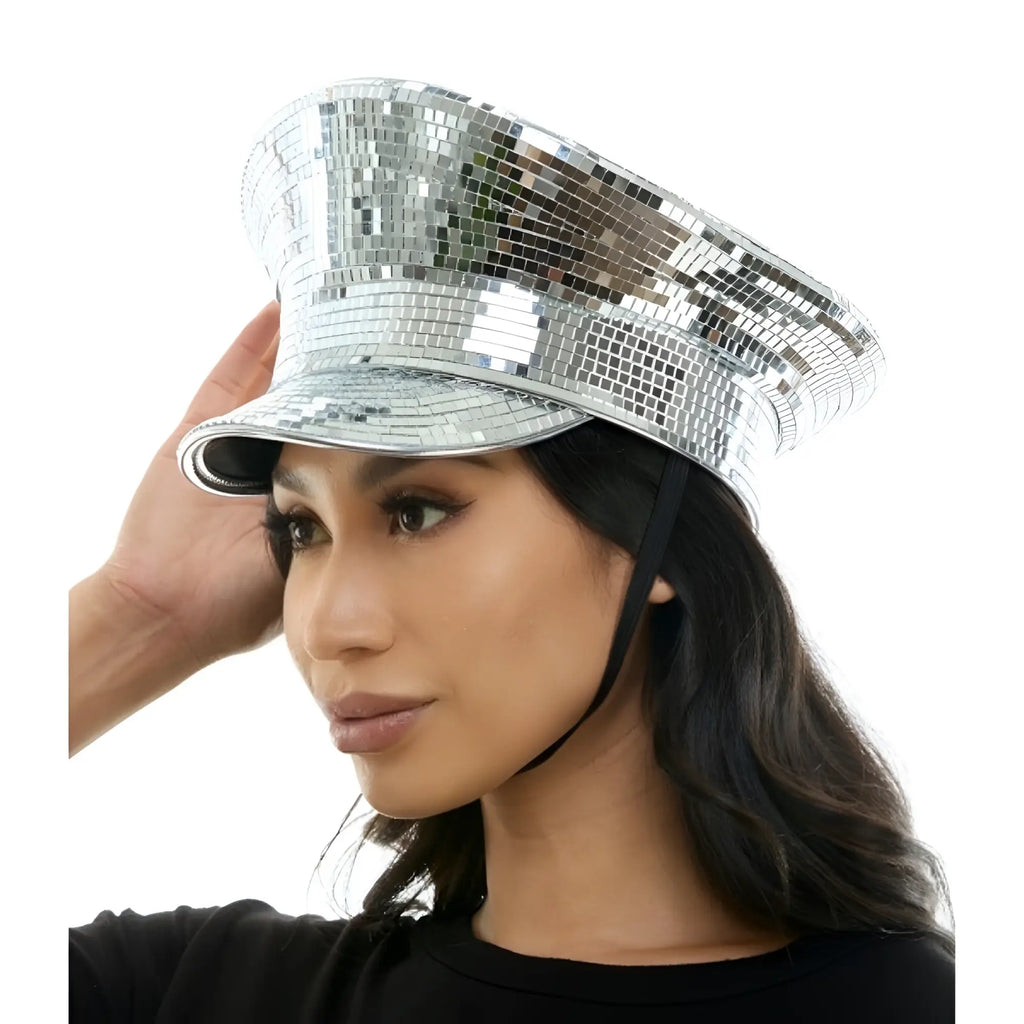 A shimmering silver mirrored festival hat covered in reflective mosaic tiles perfect for parties and events