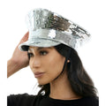 A shimmering silver mirrored festival hat covered in reflective mosaic tiles perfect for parties and events